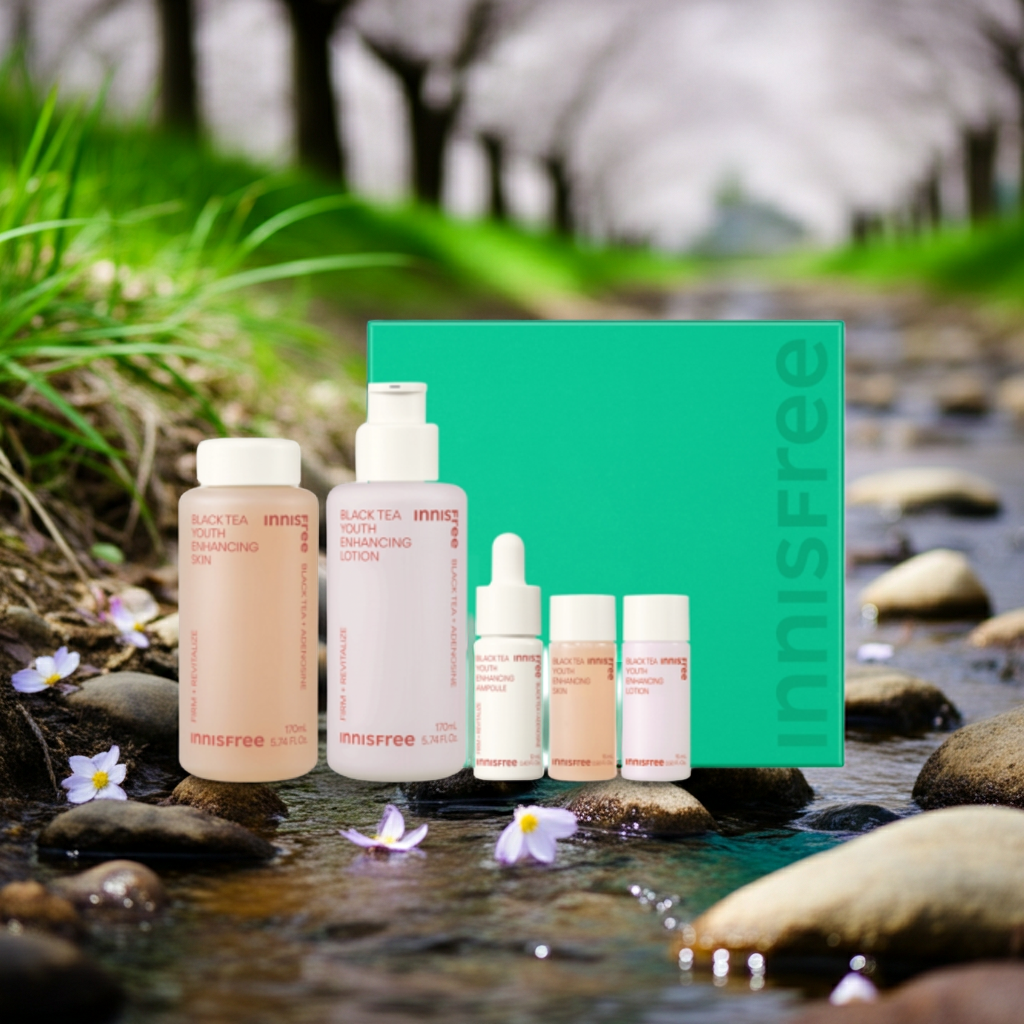 Innisfree Black Tea Youth Enhancing Skincare Set (Toner, Emulsion, Ampoule)