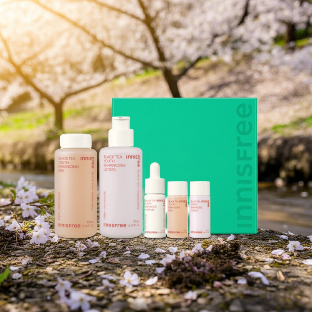 Innisfree Black Tea Youth Enhancing Skincare Set (Toner, Emulsion, Ampoule)